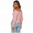 Autumn and winter new solid color striped off-shoulder V-neck exposed navel short long-sleeved sexy sweater