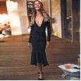 Autumn women's new dress long-sleeved clothing fashion bag hip lotus leaf sexy solid color V-neck skirt