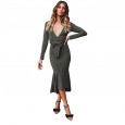 Autumn women's new dress long-sleeved clothing fashion bag hip lotus leaf sexy solid color V-neck skirt