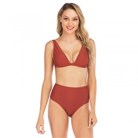 Brown red high waist triangle cup bikini swimsuit without steel ring sexy nylon solid color female swimsuit summer new product
