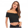 Summer new women's fashion fungus earrings T-shirt top word collar exposed navel short sleeves
