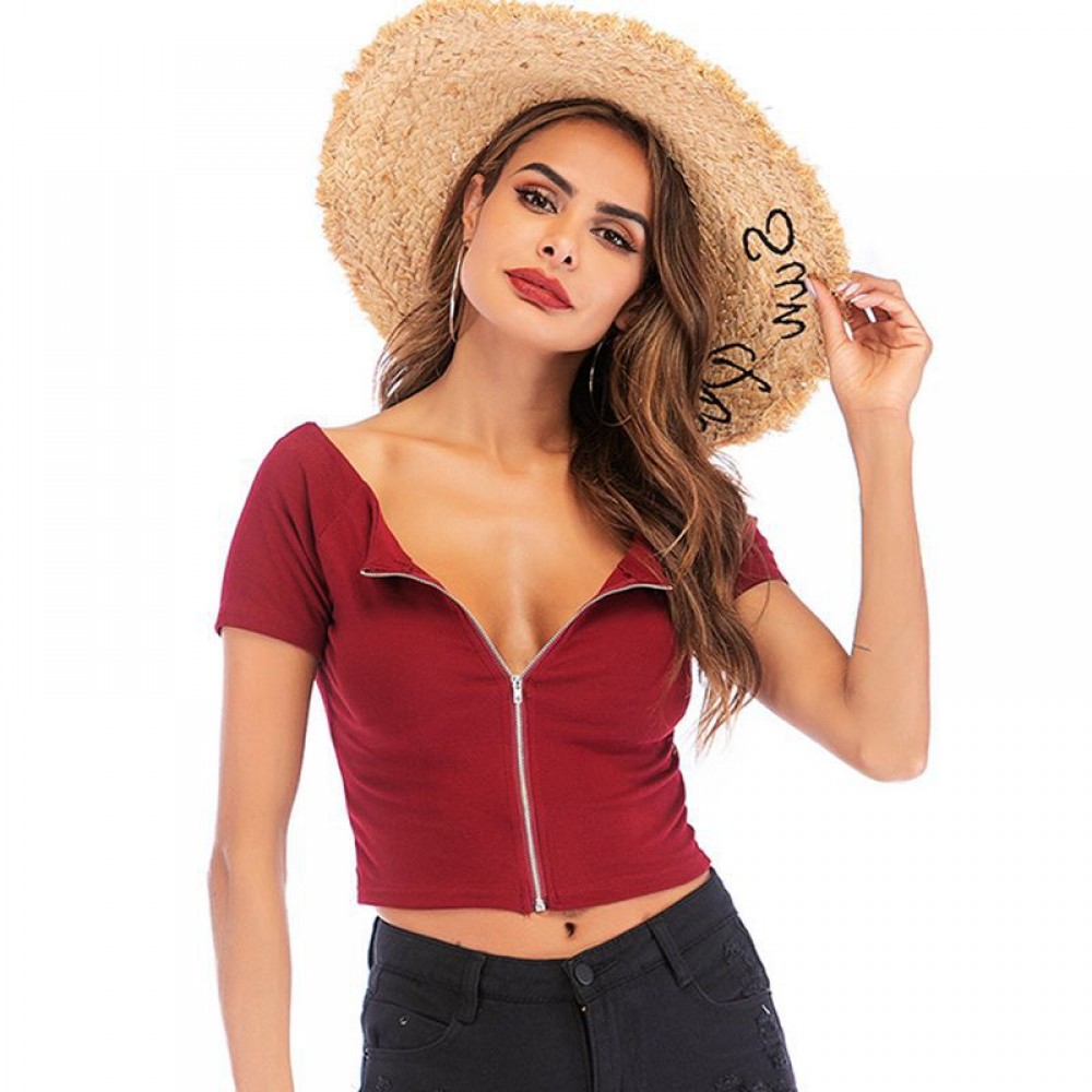Personalized zipper short-sleeved T-shirt women's summer slim slim short top