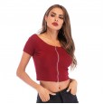 Personalized zipper short-sleeved T-shirt women's summer slim slim short top