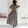 Vintage floral V-neck slit short sleeve chiffon dress holiday beach skirt