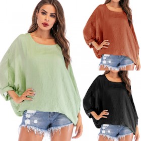 Spring and summer new top solid color bat sleeve T-shirt bottoming shirt