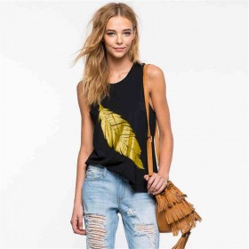 Leaf print camisole women's round neck sexy fashion top