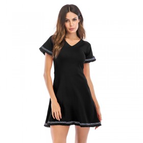 Women's Retro Fringed Knit Dress V-Neck Back Banding Short Sleeve Waist A-line Skirt