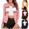Hot Spring New Women's Contrast Striped Knit Cardigan Long Sleeve Round Neck Short Coat