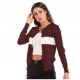 Hot Spring New Women's Contrast Striped Knit Cardigan Long Sleeve Round Neck Short Coat
