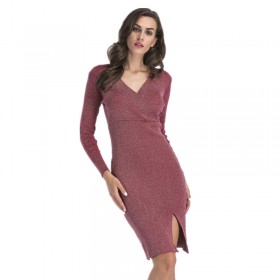 Women's spring new V-neck long-sleeved pencil skirt mid-length split sweater sweater dress