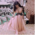New fashion solid color deep v perspective halter dress feminine holiday lace stitching