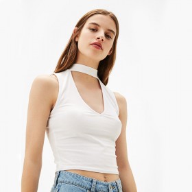 Summer new style hanging neck vest female summer solid color slim short-sleeved shirt T-shirt