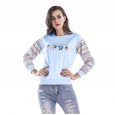 Sweater women spring and autumn plus velvet thick sleeves color matching personality round neck sweater new size sweater