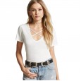 Summer hollow V-neck wide loose fork solid color top women's fashion short-sleeved t-shirt