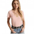 Summer hollow V-neck wide loose fork solid color top women's fashion short-sleeved t-shirt