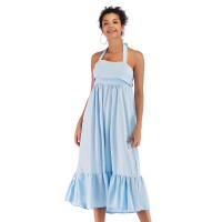 Women's solid color hanging neck ruffled skirt fashion temperament halter mid-length dress