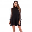 Women's long-sleeved mesh splicing dress new sexy knit A-line skirt was thin