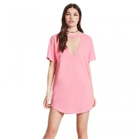 Women's new short-sleeved solid color T-shirt dress female summer stitching V-neck loose top
