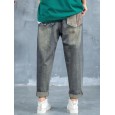 Cartoon Fish Patch Stripe Jeans For Women - Dark Blue M 