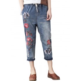 Vintage Embroidery Printed High Waist Casual Jeans For Women - Light Blue XL 