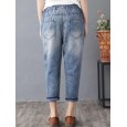 Vintage Embroidery Printed High Waist Casual Jeans For Women - Light Blue XL 
