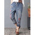 Vintage Embroidery Printed High Waist Casual Jeans For Women - Light Blue XL 