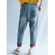 Women Patchwork Cartoon Loose Elastic Waist Denim Jeans - Blue 8 