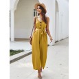 Straps Causal Tie Waist Solid Color Loose Jumpsuit For Women -  Yellow XL 