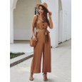 Straps Causal Tie Waist Solid Color Loose Jumpsuit For Women -  Yellow XL 