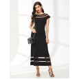 Hot sale women's round neck short sleeve mesh perspective solid color dress