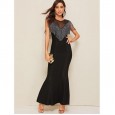 Edge trimmed contrast net yoke fishtail hem maxi tassel dress