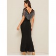 Edge trimmed contrast net yoke fishtail hem maxi tassel dress