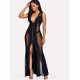 New women's large V-neck mesh splicing sexy perspective dress