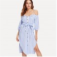 Women's Sling Leak Shoulder V-Neck Single-Breasted Long-Sleeve Hem Irregular Striped Dress