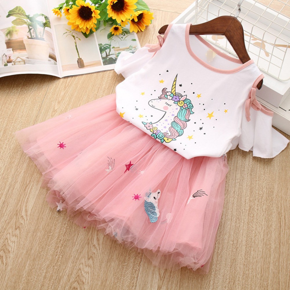 Girls' skirts summer new off-the-shoulder flared sleeve tops mesh skirt two-piece suit