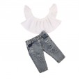 Girls' suit summer style flying sleeve white short-sleeved shirt ripped denim trousers two-piece suit