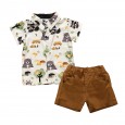 Children's clothing summer boy cartoon printed shirt solid color shorts two-piece set