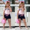 Summer new girl short sleeve printed cartoon smiley letters pink shirt denim shorts three-piece suit