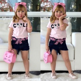 Summer new girl short sleeve printed cartoon smiley letters pink shirt denim shorts three-piece suit