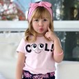 Summer new girl short sleeve printed cartoon smiley letters pink shirt denim shorts three-piece suit