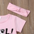 Summer new girl short sleeve printed cartoon smiley letters pink shirt denim shorts three-piece suit