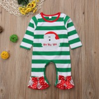 Children's clothing autumn new girl long-sleeved Santa Claus green stripe bow flared pants jumpsuit