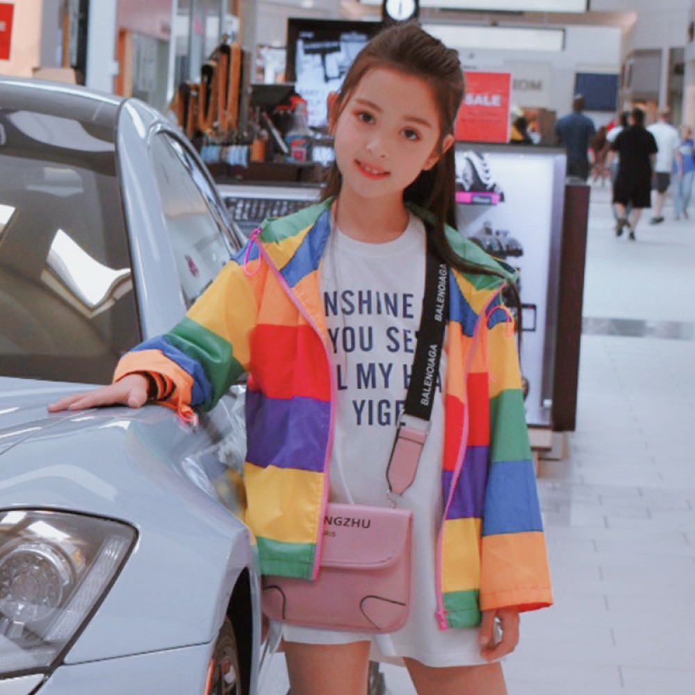 Children's clothing autumn new girl thin windbreaker long-sleeved color matching hooded jacket in the big boy coat female