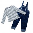 Children's clothing spring new girl's pants suit two-piece long-sleeved striped T-shirt denim suspenders tide