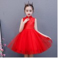 Girls' dresses summer new children's princess dress embroidered mesh tutu skirt show host dress