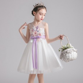 Girls dress embroidered flower dress white summer princess skirt cutout vest puffy mesh skirt show