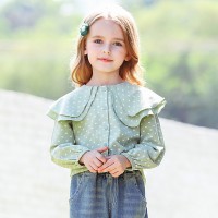Spring new children's clothing retro polka dot printed long-sleeved shirt double lapel girl shirt