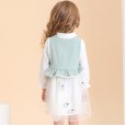 Spring new children's dress princess skirt doll collar fake two-piece girl peach knitted mesh skirt
