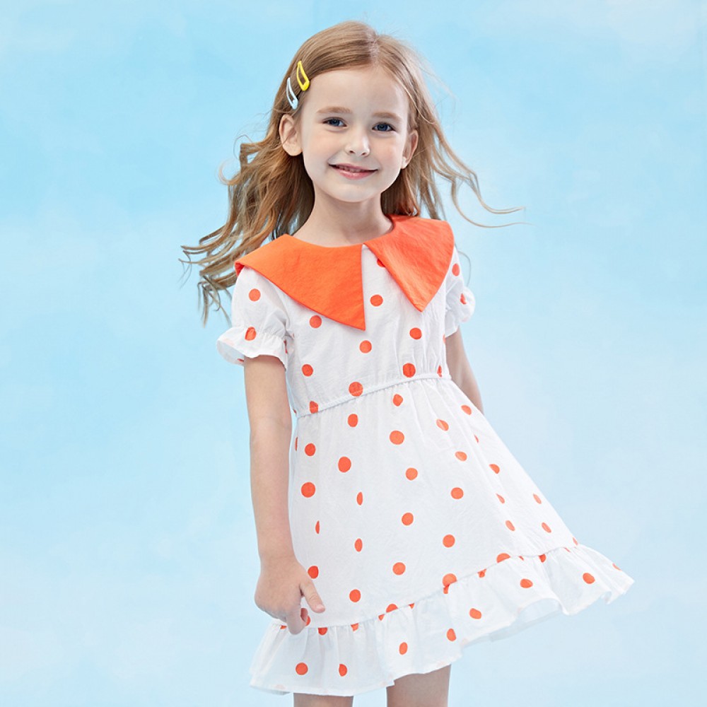 Summer new children's skirt children's clothing color-set doll lapel fresh and playful polka dot girl dress