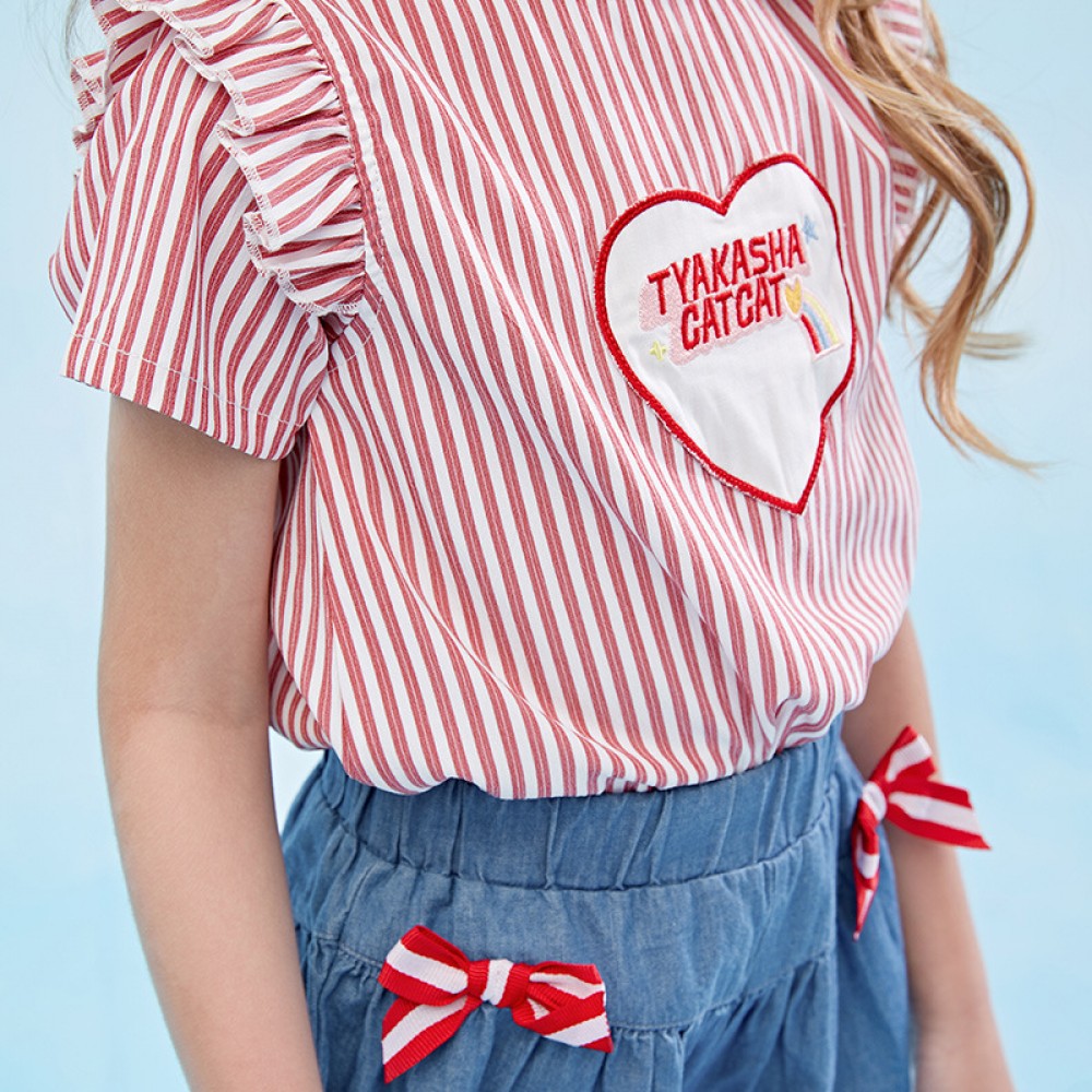 Summer new thin shirt children's clothing girls short-sleeved shirt patch love embroidered striped small shirt